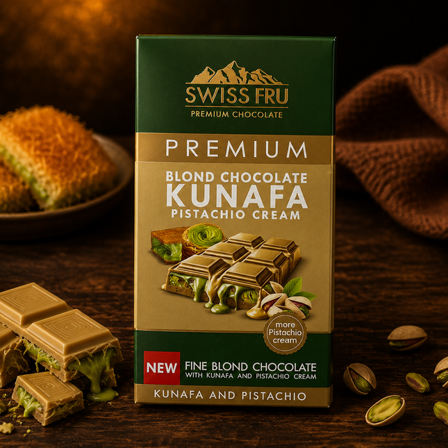 Swiss Fru Premium Kunafa Pistachio Cream Blonde Chocolate Bar 150gm