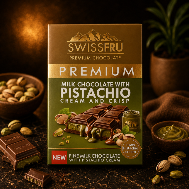 Swiss Fru Premium Milk Chocolate with Pistachio Cream and Crisp 90 gm