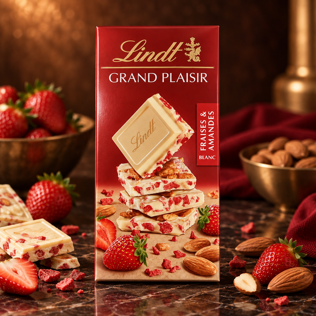 Lindt Grand Plaisir Fraises & Amandes Blanc 150 gm