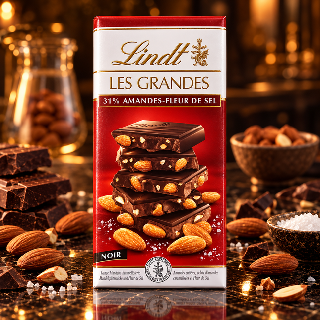 Lindt Les Grandes 31% NOIR Amandes-Fleur De Sel 150 gm